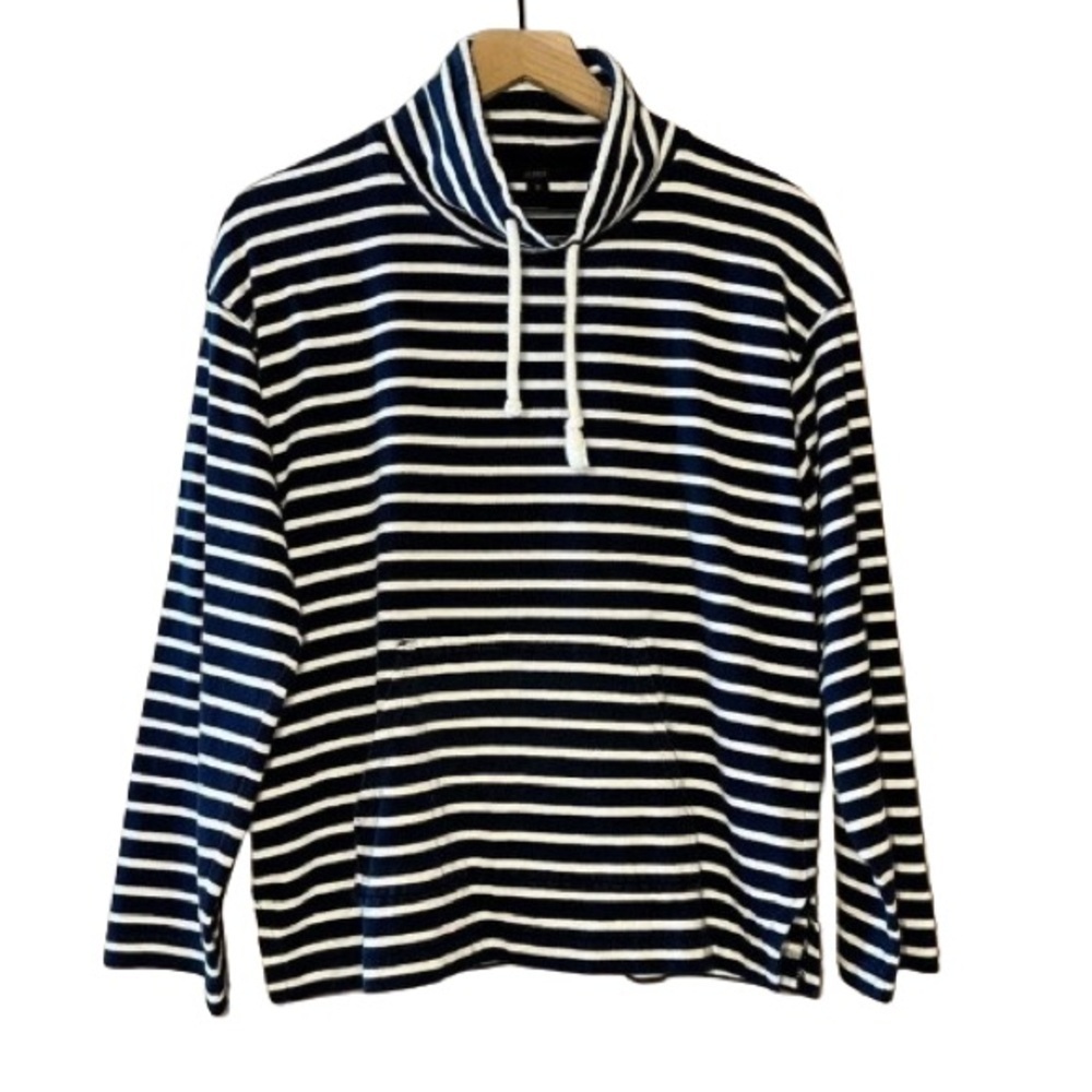 Women's S J Crew Striped Funnel Neck Top Navy Blue White Drawstring